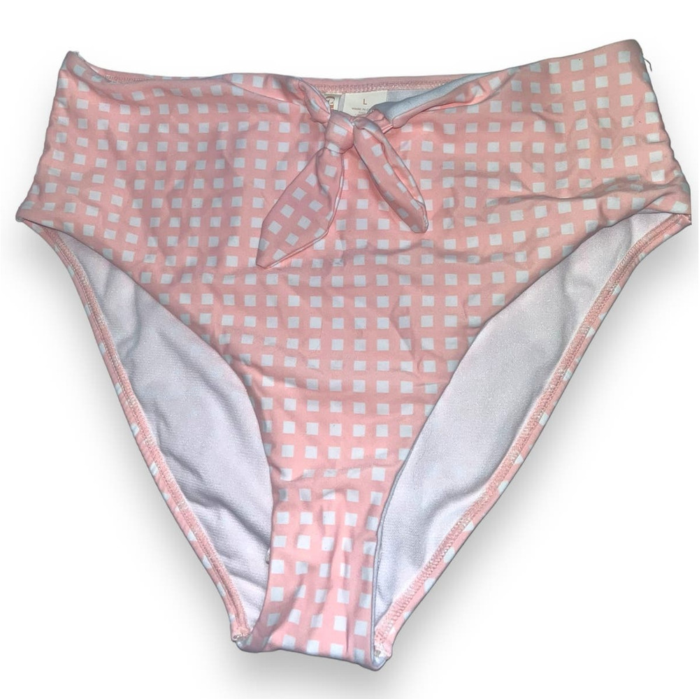 GB Gianna Bini High-Waist w/ Tie Bikini Bottoms | Pink White Check | Sz L, NEW - Picture 7 of 8